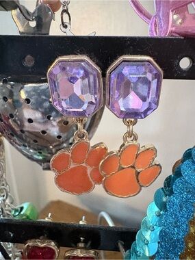 Lavender Gem & Orange Paw Dangle Earrings